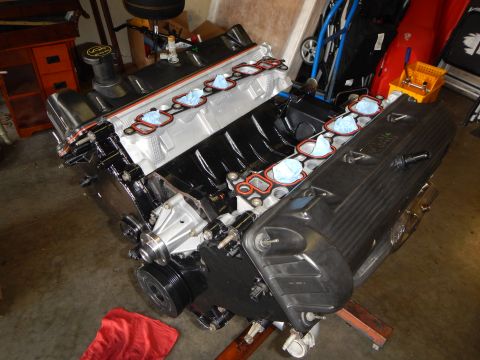2003 Ford Crown Victoria - V8 engine assembly mounted on a stand in a garage, with valve covers, plastic intake manifold and taped-off intake ports visible.