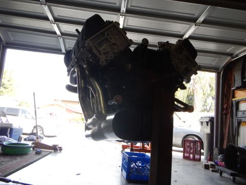 2003 Ford Crown Victoria - V8 engine on a stand silhouetted against a bright open garage door with headers visible at the side.