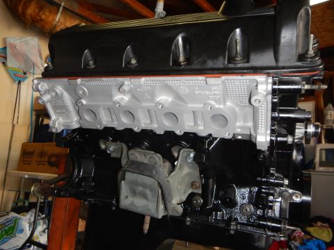 2003 Ford Crown Victoria - Side view of an assembled V8 engine on a stand showing black valve cover, aluminum intake, and mounting bracket.