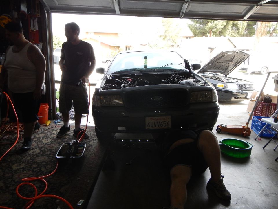 Men working on a dark Ford sedan with open hood in a garage, plate 6UVV656