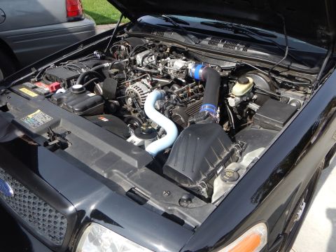 2003 Ford Crown Victoria - Black Ford with open hood revealing the engine bay, a black airbox, and blue aftermarket intake piping.