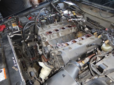 2003 Ford Crown Victoria - Close-up of a disassembled V-engine in a bay with exposed cylinder heads, a serpentine pulley, and a coolant reservoir.