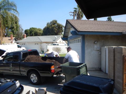 2003 Ford Crown Victoria - black pickup truck loaded with dark mulch sits in a driveway as two men unload it into a green bin.