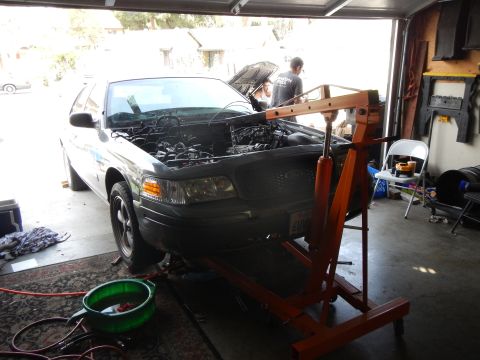 2003 Ford Crown Victoria - gray Ford sedan sits with its hood raised next to an orange engine hoist and green drain pan in a cluttered garage.