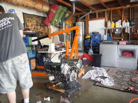 2003 Ford Crown Victoria - man in a Brooklyn Pizza shirt stands by a V8 engine on a roller dolly with an orange hoist and washer-dryer in the garage.