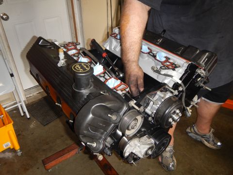 2003 Ford Crown Victoria - man steadies a rebuilt V8 engine with black valve covers and accessory pulleys, new intake gaskets fitted to the heads.