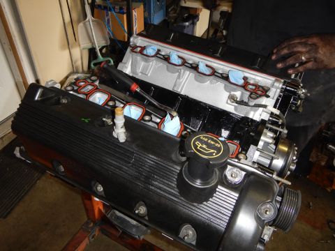 2003 Ford Crown Victoria - V8 engine during reassembly shows a black SAE 5W-20 oil-fill cap, finned valve cover and fresh orange intake gaskets.