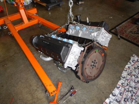 2003 Ford Crown Victoria - bare V8 engine and flywheel hang by chain from an orange engine hoist over a rug-covered shop floor.