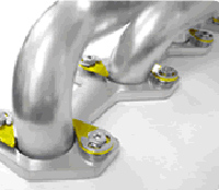 1998 Ford Crown Victoria - Polished tubular exhaust header runners mounted to flanges with yellow gaskets on a white surface.