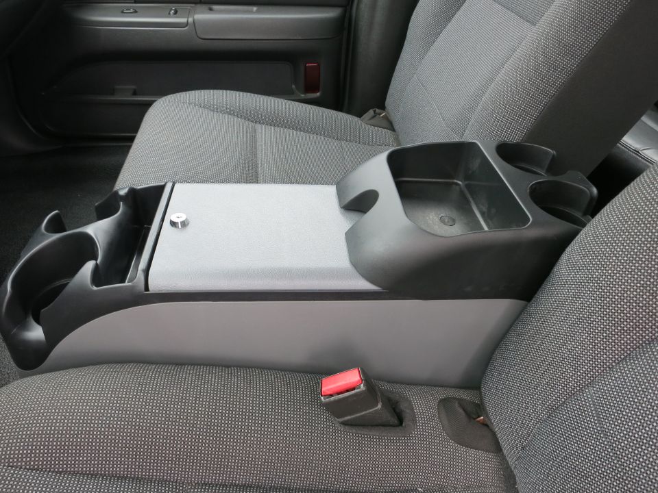 Interior console with lock and cup holders, gray seats, seatbelt