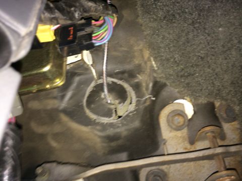 1991 Ford F-150 - Vehicle wiring harness and connector detail, showing multiple wires and a damaged grommet.