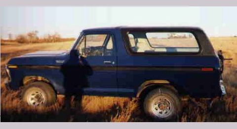 1978 Ford Bronco - Side view of a blue 1978 Ford Bronco with a hardtop, parked in a field.