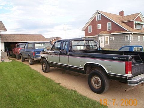 1986 Ford F-250 - Several trucks and SUVs are parked in a driveway next to a house.