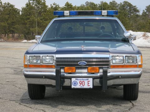 1991 Ford LTD Crown Victoria - two-tone blue Massachusetts State Police Ford LTD Crown Victoria viewed straight-on with pines and snow behind.