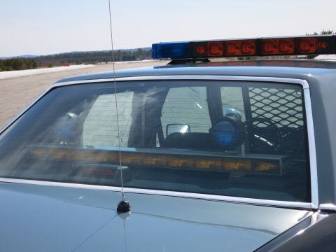 1991 Ford LTD Crown Victoria - Roof-mounted red and blue lightbar above the rear window of a police car showing an interior cage and dash lights.