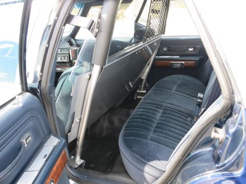 1991 Ford LTD Crown Victoria - Interior rear bench seat in blue cloth with a metal prisoner cage partition inside a police car.