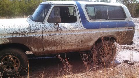 1979 Ford Bronco - A mud-splattered 1978 Ford Bronco is stuck in a muddy off-road environment.
