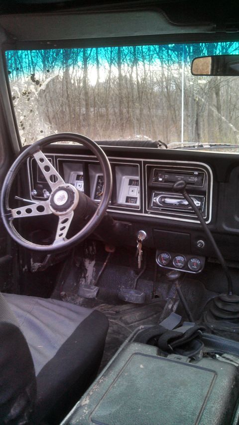 1979 Ford Bronco - Interior view of a 1979 Ford Bronco, the dashboard, steering wheel, and gear shifter.