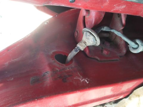 1979 Ford F-150 - A rubber grommet and wiring are visible in a section of red painted metal, likely part of a vehicle's body.