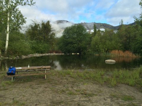 1996 Ford C-350 (Centurion Conversions) - A camping scene with a picnic table, fishing gear, and a calm pond reflecting the cloudy sky and distant mountains.