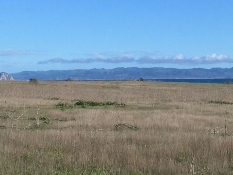 1996 Ford C-350 (Centurion Conversions) - Expansive view of a field leading to the ocean and mountains on a clear day.