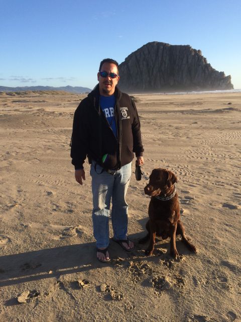 1996 Ford C-350 (Centurion Conversions) - Man and dog on a beach with a large rock formation in the background under a clear blue sky.