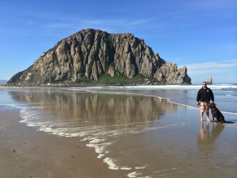 1996 Ford C-350 (Centurion Conversions) - A man and his dog enjoy a day at the beach with a prominent rock formation in the background.