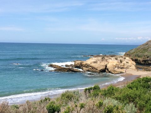 1996 Ford C-350 (Centurion Conversions) - A scenic view of the ocean meeting the shore, with rocky outcrops and a small beach area.