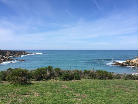 1996 Ford C-350 (Centurion Conversions) - Coastal view with ocean, rocks, and green grass under a bright blue sky.