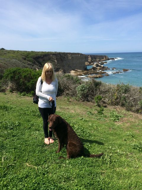 1996 Ford C-350 (Centurion Conversions) - A woman and her dog enjoy a scenic view of the ocean from a cliffside during an April camping trip.