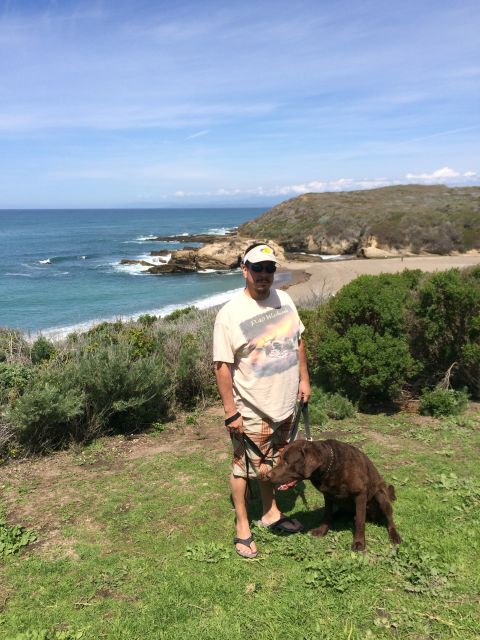 1996 Ford C-350 (Centurion Conversions) - Man and his dog enjoy a scenic view of the ocean and a secluded beach cove on a sunny day.