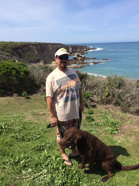 1996 Ford C-350 (Centurion Conversions) - A man and his dog enjoy a scenic view of the ocean and coastline on a sunny day.