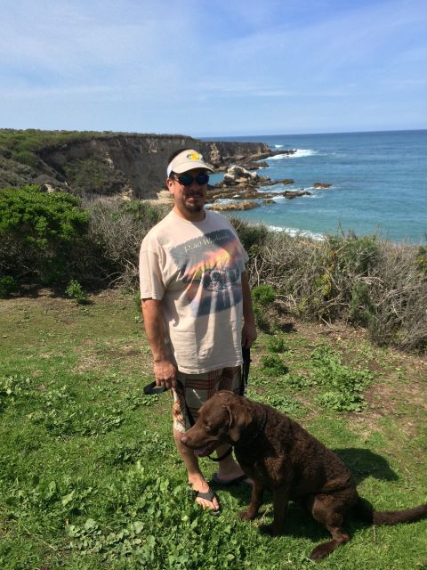1996 Ford C-350 (Centurion Conversions) - Man and his dog enjoy a scenic view of the coastline on a sunny day.