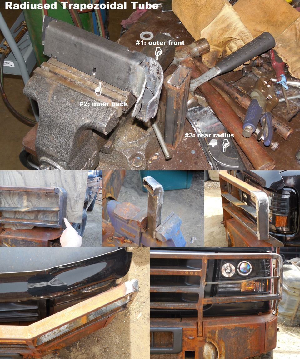 Fabrication collage of radiused trapezoidal steel tube for a vehicle grille guard, with bench vise and finished mounted guard.