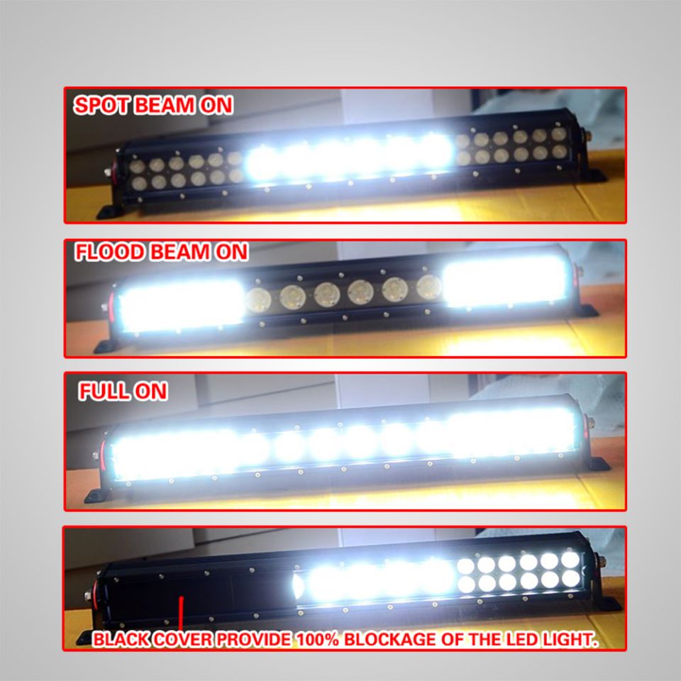 LED light bar showing spot beam, flood beam, and full on modes, plus a black cover
