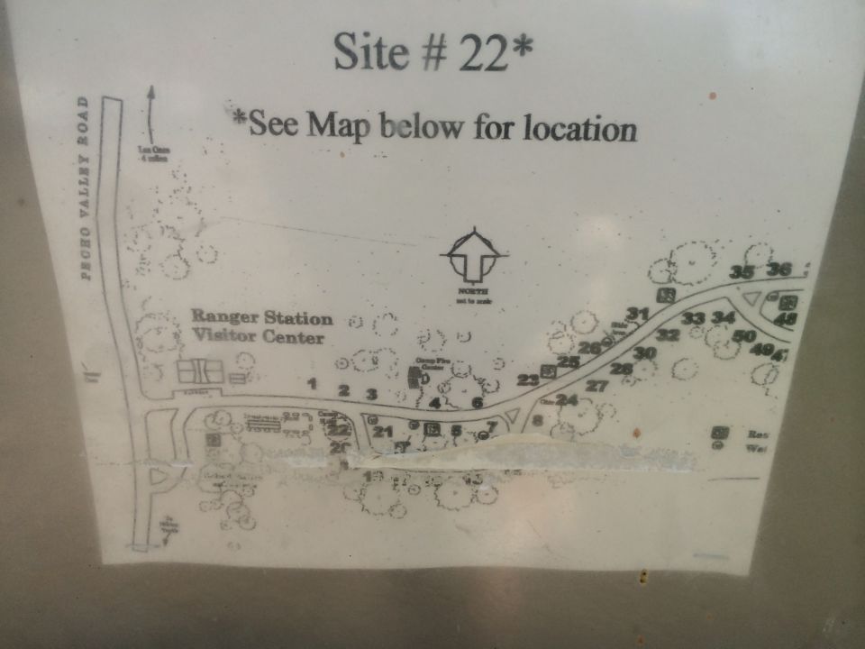 Map showing campground sites, roads, and ranger station. Site #22 is marked