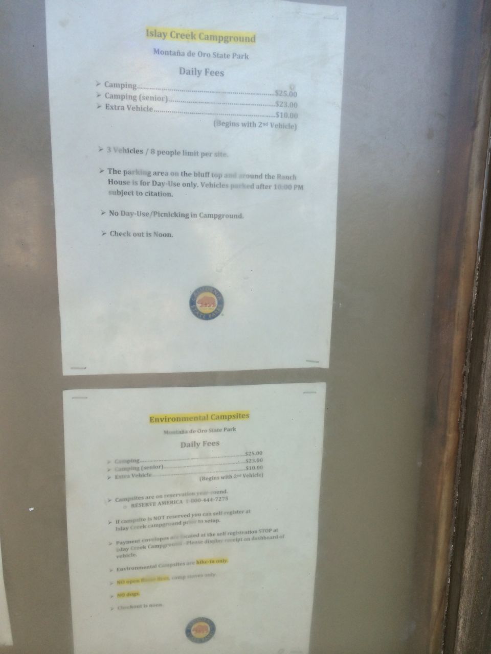 Islay Creek Campground and Environmental Campsites daily fees and rules document