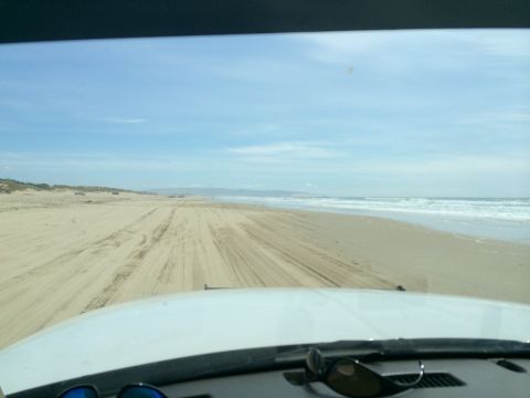 1996 Ford C-350 (Centurion Conversions) - Driving on the beach with waves crashing on the shore under a blue sky.
