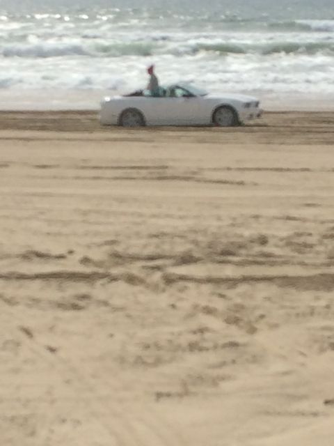 1996 Ford C-350 (Centurion Conversions) - A white convertible drives along the shore with waves in the background.