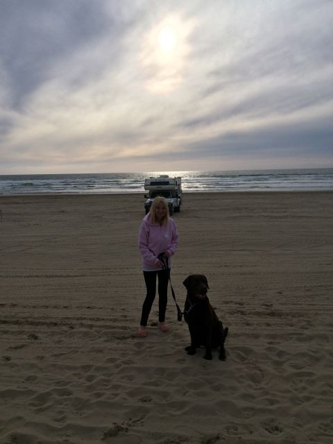 1996 Ford C-350 (Centurion Conversions) - A woman and her dog enjoy a day at the beach with an RV parked nearby.
