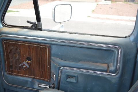 1981 Ford F-250 - The interior door panel shows a wood grain insert and chrome trim, indicative of a 1970s era truck.