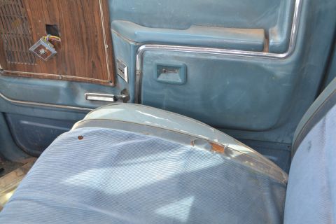1981 Ford F-250 - Interior view of a blue door panel and seat, with visible wear and tear. The registry information suggests it is a 1981 Ford F-250, but vis…