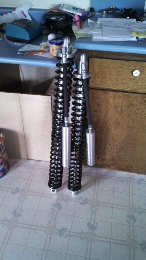 1967 Ford F-250 - Two black coilover shock absorbers with silver cylinders are displayed indoors.