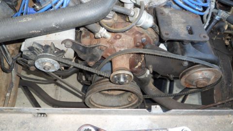 1972 Ford Ranchero - Close-up view of engine components including belts and pulleys.