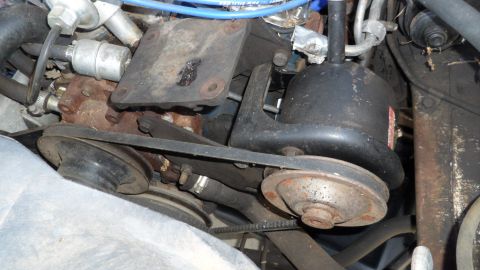 1972 Ford Ranchero - Close-up view of engine components including belts and pulleys.