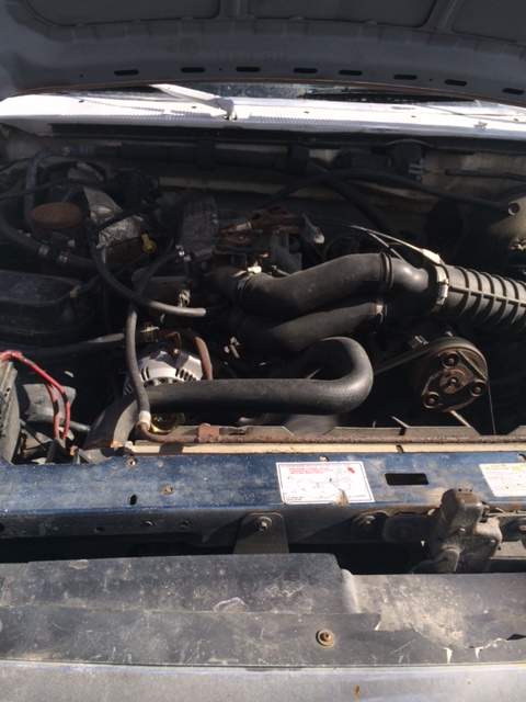 1996 Ford Bronco - The engine bay of a vehicle is shown, with various components like hoses, belts, and the alternator clearly visible.
