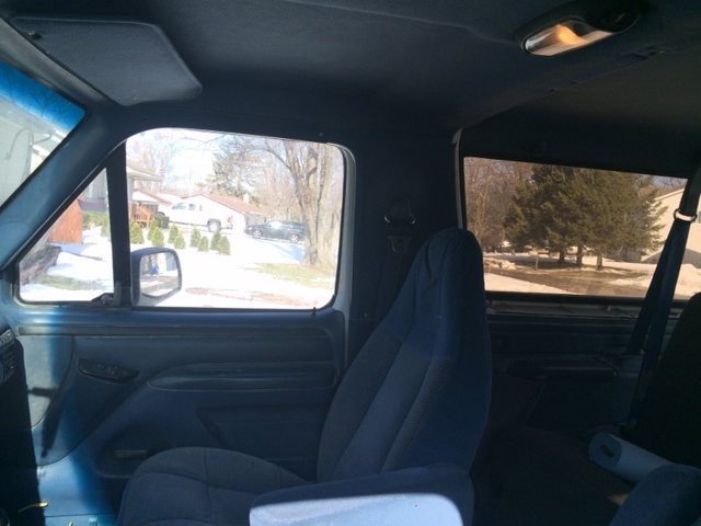 1996 Ford Bronco interior, view from passenger seat looking out front window