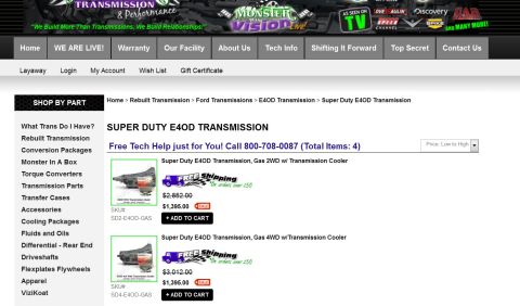 1994 Ford Bronco - Monster Transmission web product page for rebuilt Super Duty E4OD transmissions: gas 2WD with cooler $1,395 (SKU SD2-E4OD-GAS) and gas 4WD…