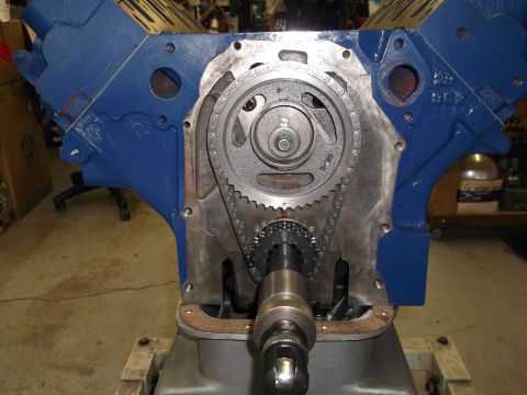 1967 Ford Mustang - Engine block assembly showing the timing chain and gears, ready for installation.