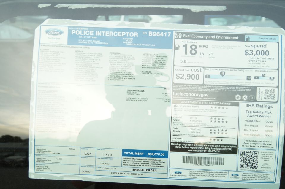 Ford Police Interceptor Utility window sticker with $38,075.00 MSRP, 18 MPG combined rating and safety ratings